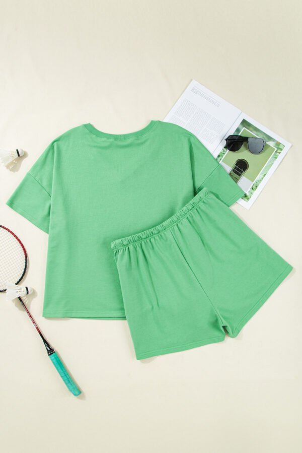 Mint Green Plus Size V Neck Tee Patched Pocket Drawstring Shorts Set