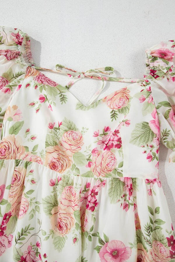 White Vibrant Floral Bubble Sleeve Sweetheart Neck Ruffle Mini Dress