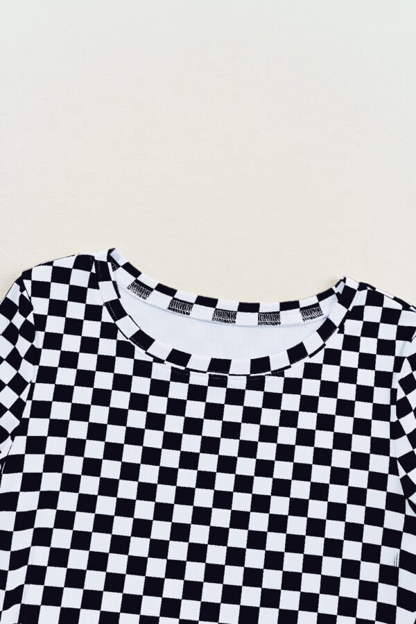 Black Checkered Ribbed Slim Fit Crew Neck T Shirt