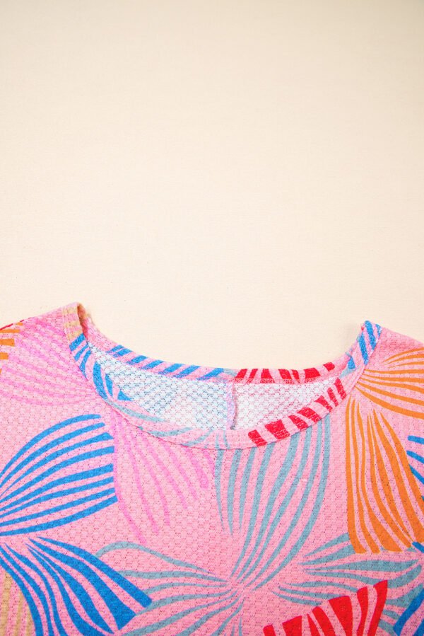 Pink Bowknot Printed Waffle Crewneck Loose Short Sleeve Top
