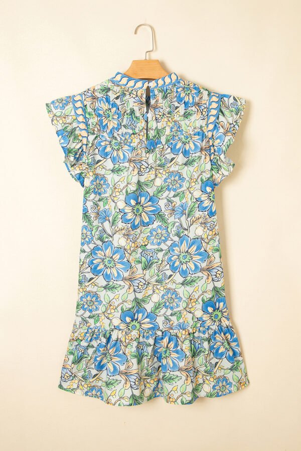 Spinach Green Botanical Floral Print Pleated Ruffle Detail Short Dress