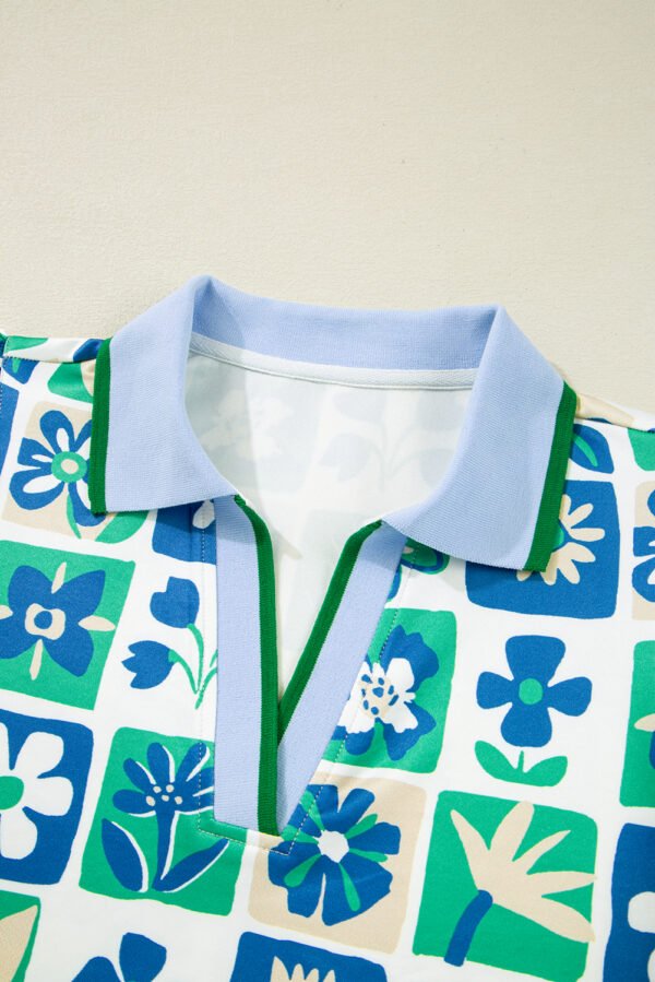 Green Floral Plaid Colorblock Trim Collar Flutter Sleeve Blouse