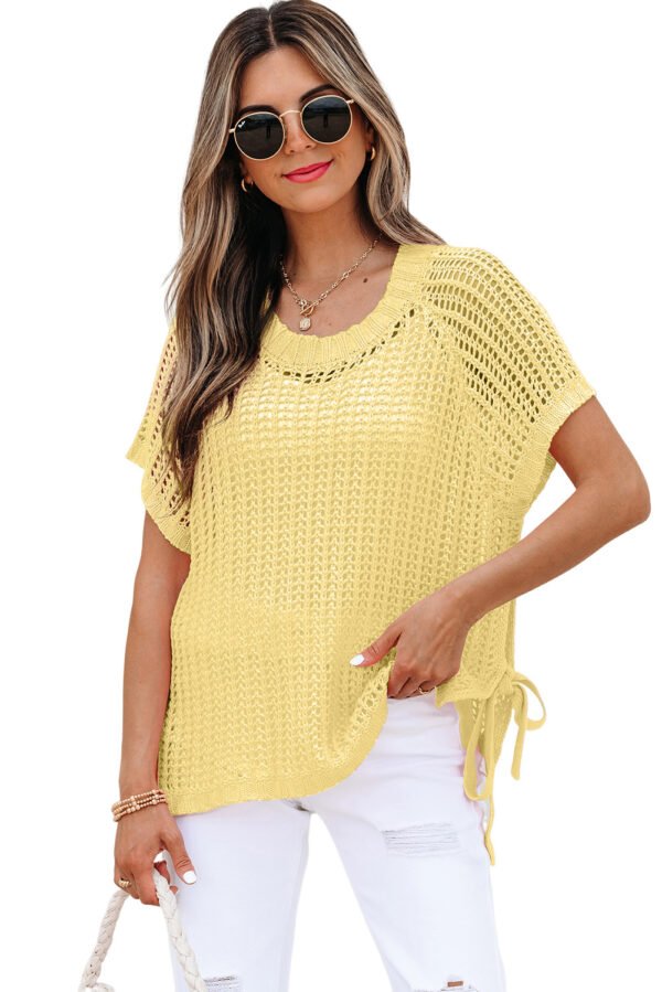 Yellow Cream Hollow-out Crochet Side Tied Short Sleeve Sweater