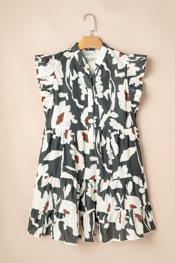 Floral Flutter Sleeve Buttons Ruffled Hem Mini Dress