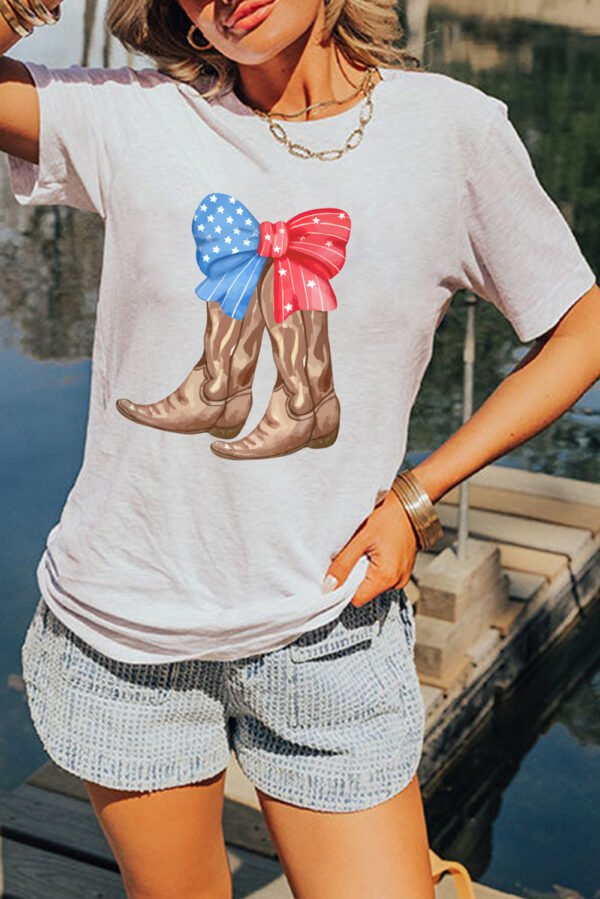 White Patriotic Bow Cowgirl Boots Printed Cotton Blend T Shirt