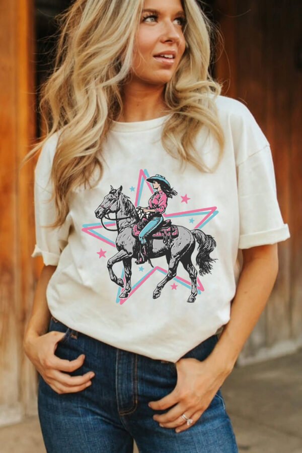 White Star Cowgirl Graphic Round Neck T Shirt