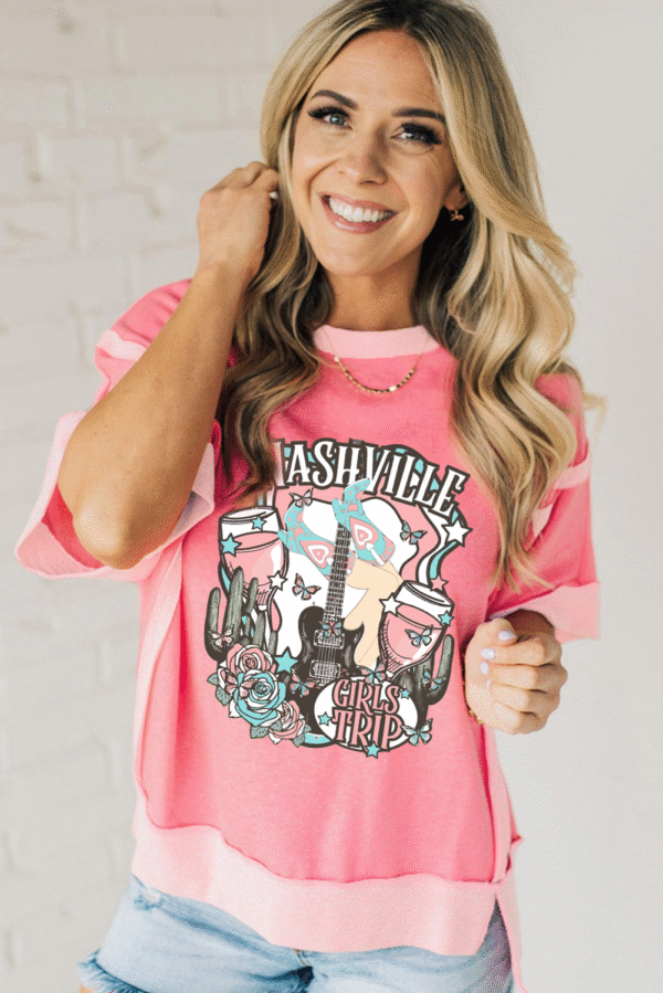 Peach Blossom Girls Trip Nashville Graphic Patchwork Short Sleeve Loose Top
