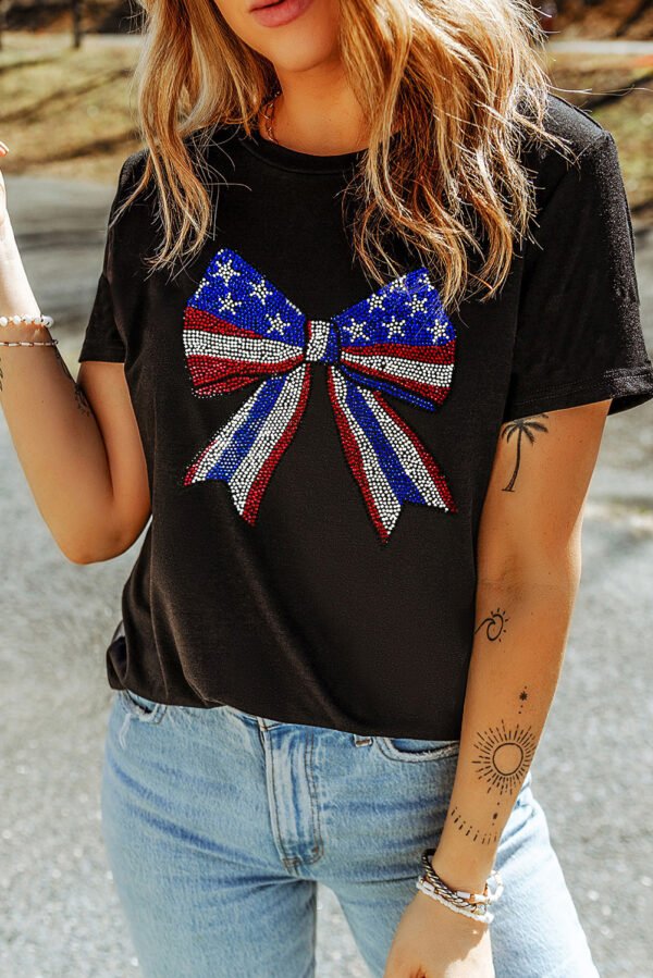Black Rhinestone Stars and Stripes Bow Graphic Independence Day T Shirt