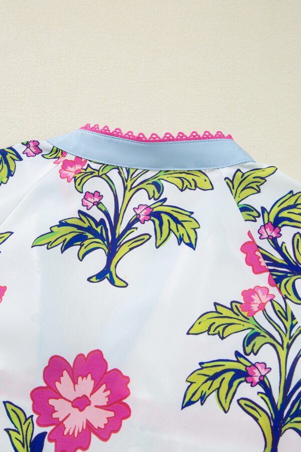 Rose Vintage Floral Print Contrast Notched V Neck Plus Size Summer Blouse