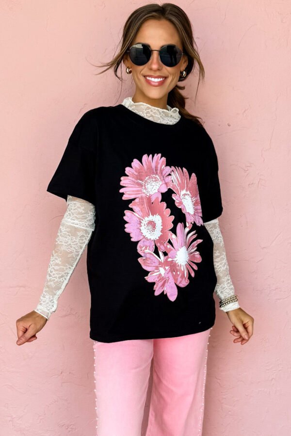 Black Pink Daisy Flower Printed Cotton Blend T Shirt