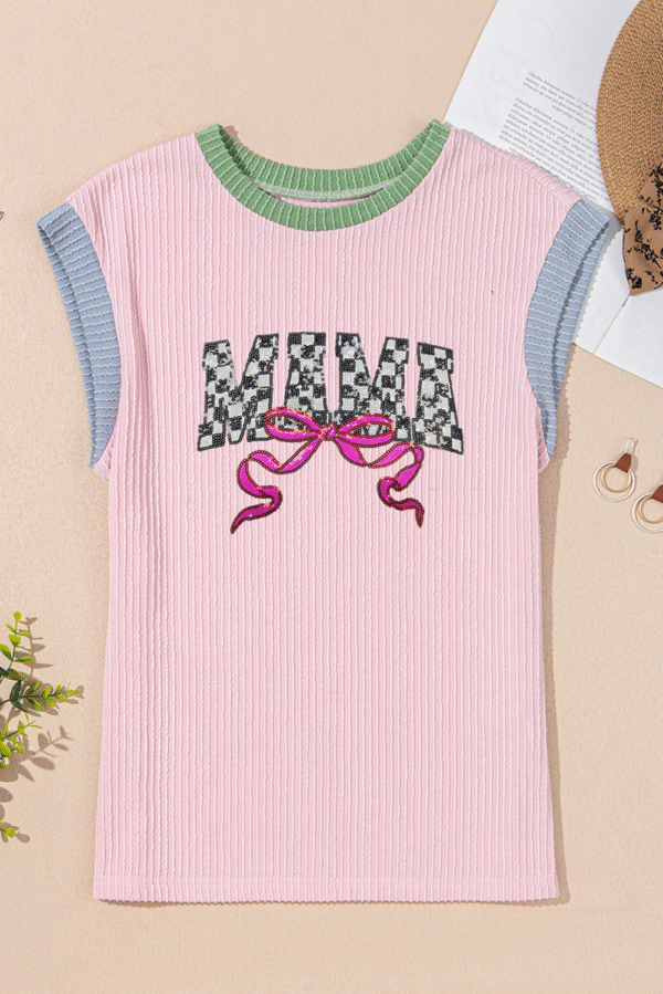 Pink MAMA Bow Graphic Contrast Trim Cap Sleeve 3D Rib T Shirt