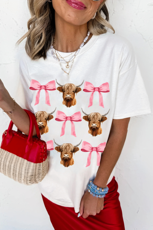 White Coquette Highland Cow Png Bows Graphic Tee