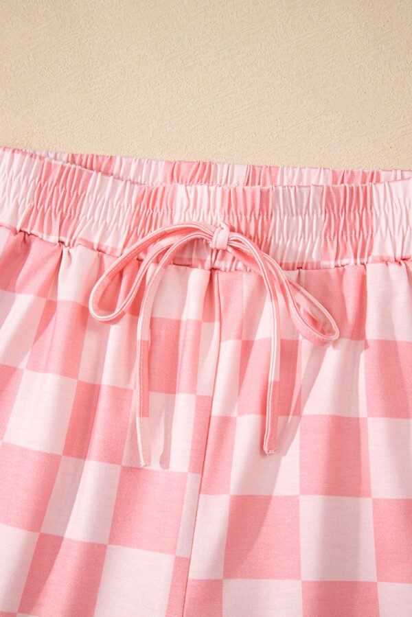 Pink Checkered V Neck Tee Drawstring Shorts Lounge Set