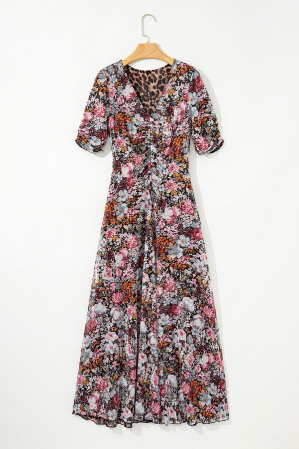 Brown Mesh Leopard Floral Reversible V Neck Short Sleeve Dress