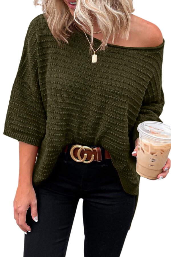 Green Textured Knit Drop Shoulder Short Sleeve Sweater