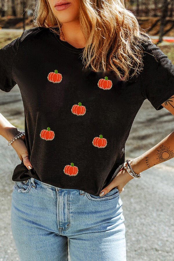 Black Chenille Pumpkin Patched Casual Cotton Blend T Shirt