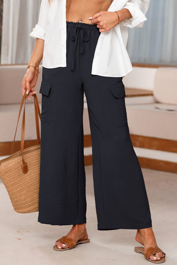 Black Drawstring Frilled Waist Wide Leg Utility Trousers