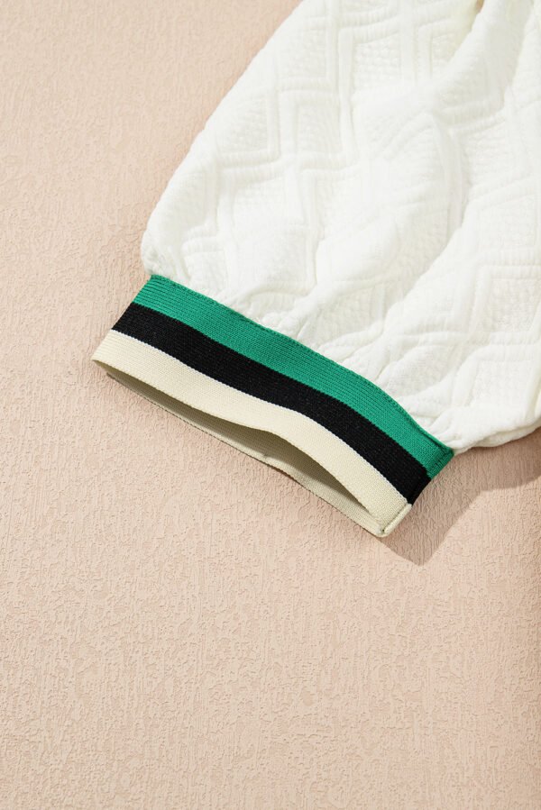 White Textured Jacquard Colorblock Edge Puff Sleeve Quarter Zip Mini Dress