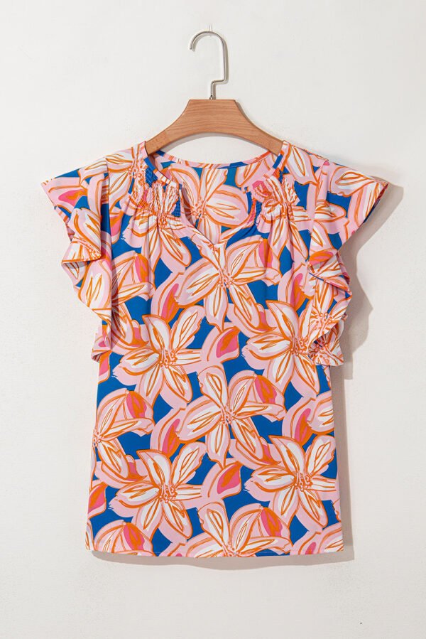 Orange Summer Flower Print Notched Neck Ruffle Sleeve Blouse