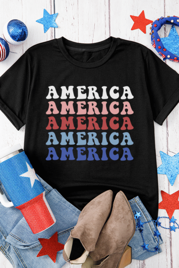 Black Colorful AMERICA Print Crewneck Patriotic T Shirt