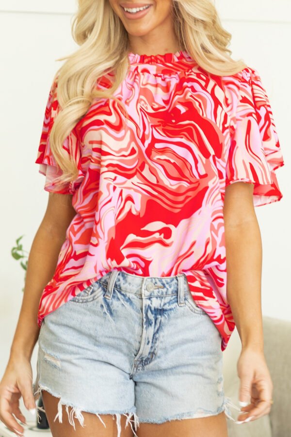Red Abstract Print Ruffled Short Sleeve Mock Neck Blouse