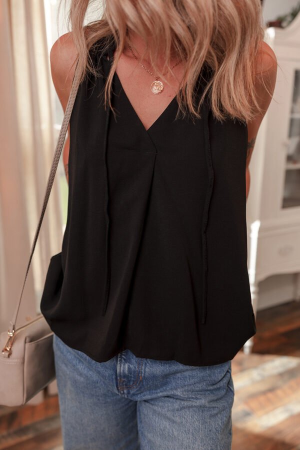 Black Pinched V Neck Tie Loose Tank Top