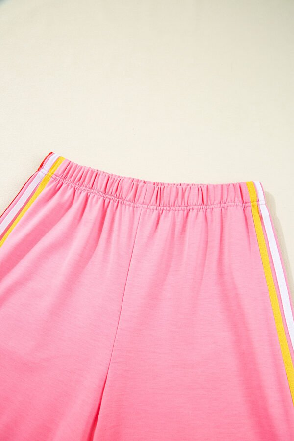 Bonbon Color Contrast Crewneck T Shirt and Wide Leg High Waist Pants Set