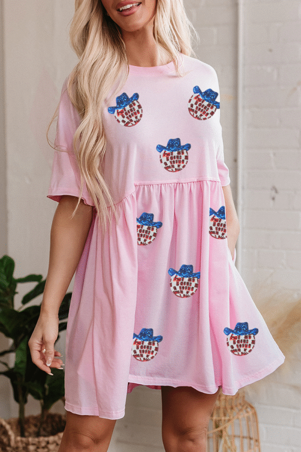 Light Pink American Flag Inspired Sequin Disco Ball Patched Shift Mini Dress