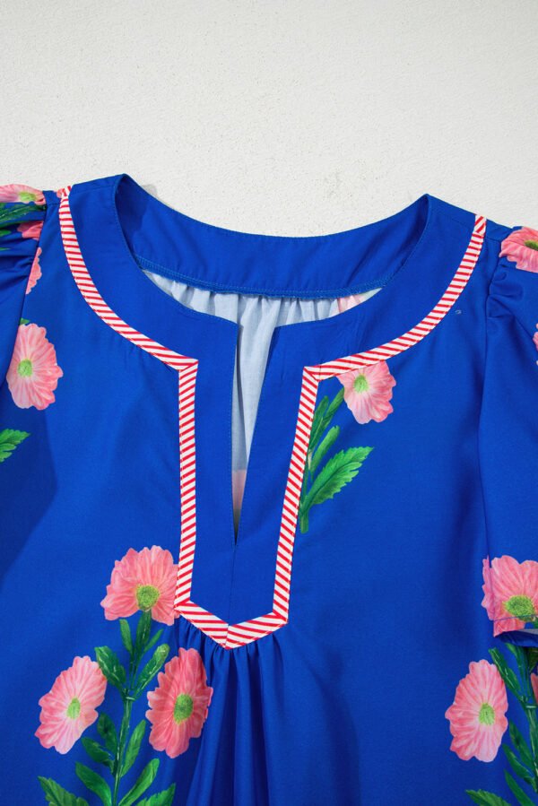 Blue Floral Short Sleeve Split Neck Loose Mini Dress