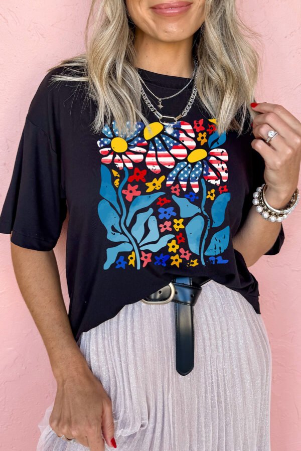 Black USA Flag Flower Graphic Drop Shoulder T Shirt
