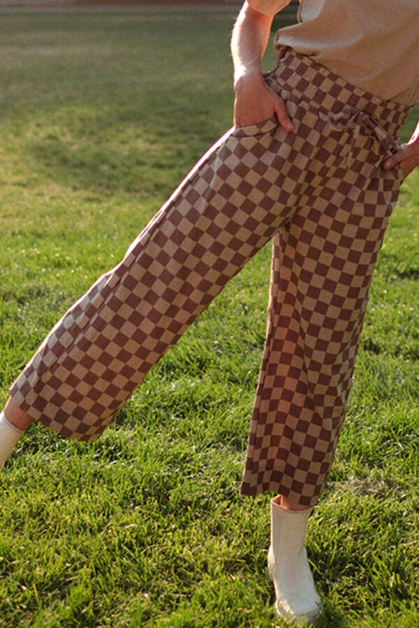 Khaki Checkered Elastic High Waist Loose Casual Pants