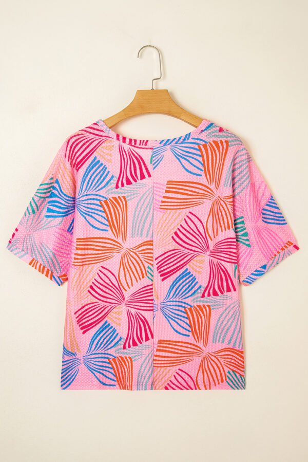 Pink Bowknot Printed Waffle Crewneck Loose Short Sleeve Top