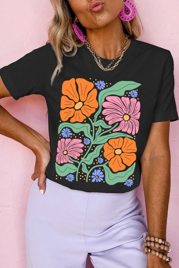 Black Colorful Flower Graphic Crewneck Summer Tee