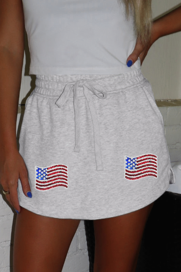 Light Grey American Flag Patched Lace-up High Waist Skort