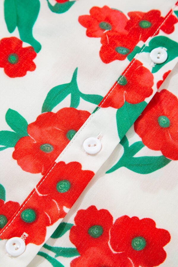 Red Floral Print Ruffled Puff Sleeve Elegant Summer Shirt