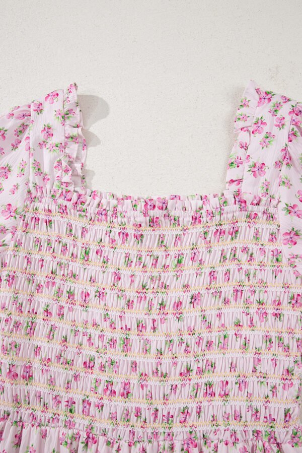 Pink Frilly Shirred Bodice Tiered Floral Maxi Dress