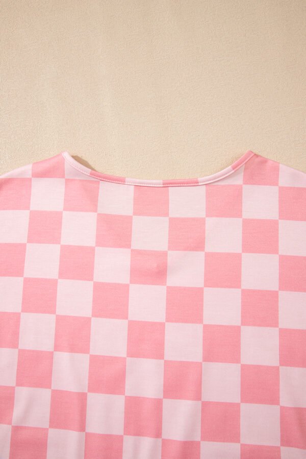 Pink Checkered V Neck Tee Drawstring Shorts Lounge Set