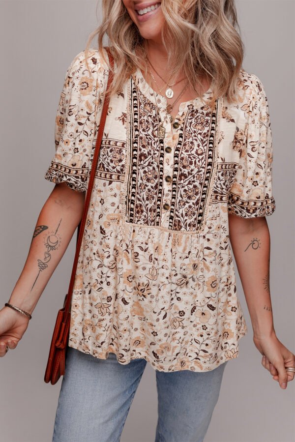 Khaki Boho Floral Print Half Placket Short Sleeve Loose Blouse