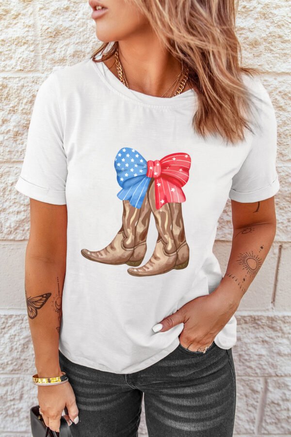 White Patriotic Bow Cowgirl Boots Printed Cotton Blend T Shirt