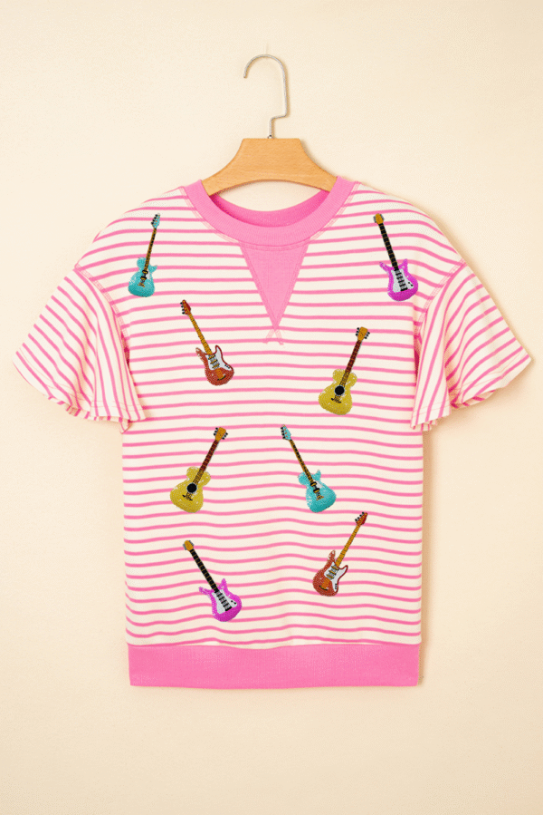 Sachet Pink Striped Guitar Patched Ruffle Short Sleeve Crossed Seam Blouse
