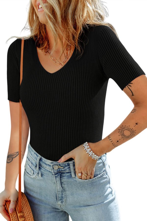 Black V Neck Ribbed Knit Lightweight Short Sleeve Sweater