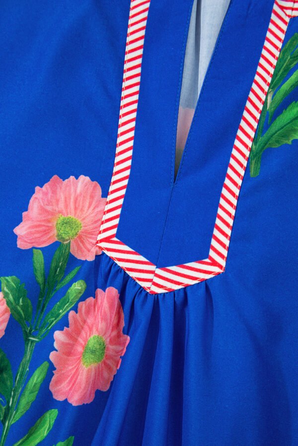 Blue Floral Short Sleeve Split Neck Loose Mini Dress