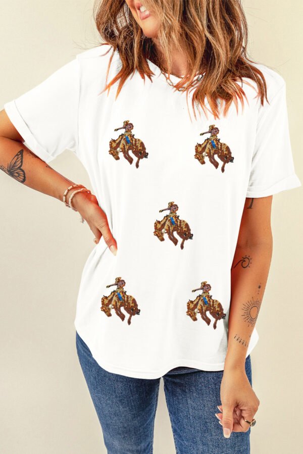 White Rodeo Patched Graphic Casual Round Neck Tee