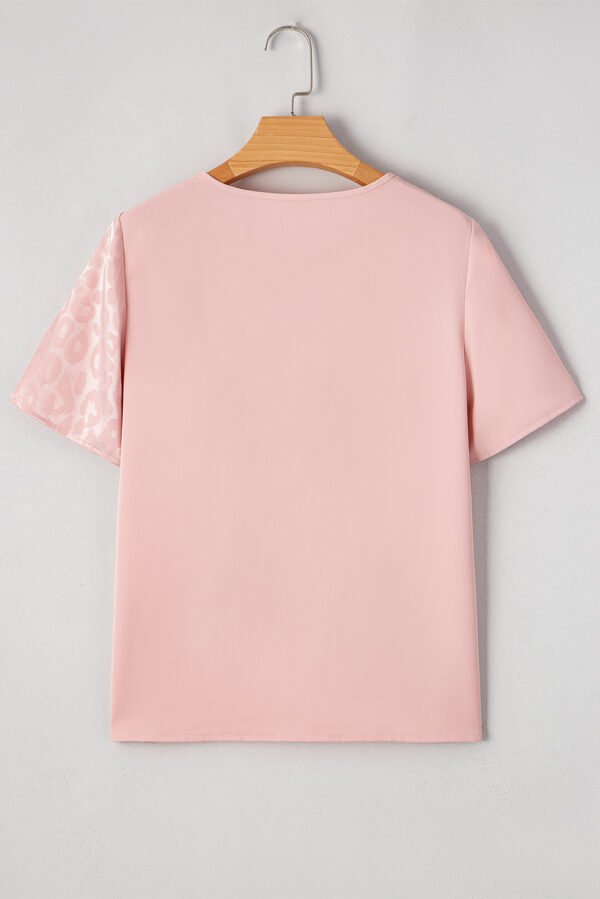 Apricot Pink Leopard Jacquard Patchwork Crisscross V Neck Short Sleeve Blouse
