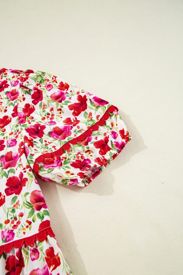 Red Floral Puff Sleeve Tiered Ric Rac Pocketed Mini Dress