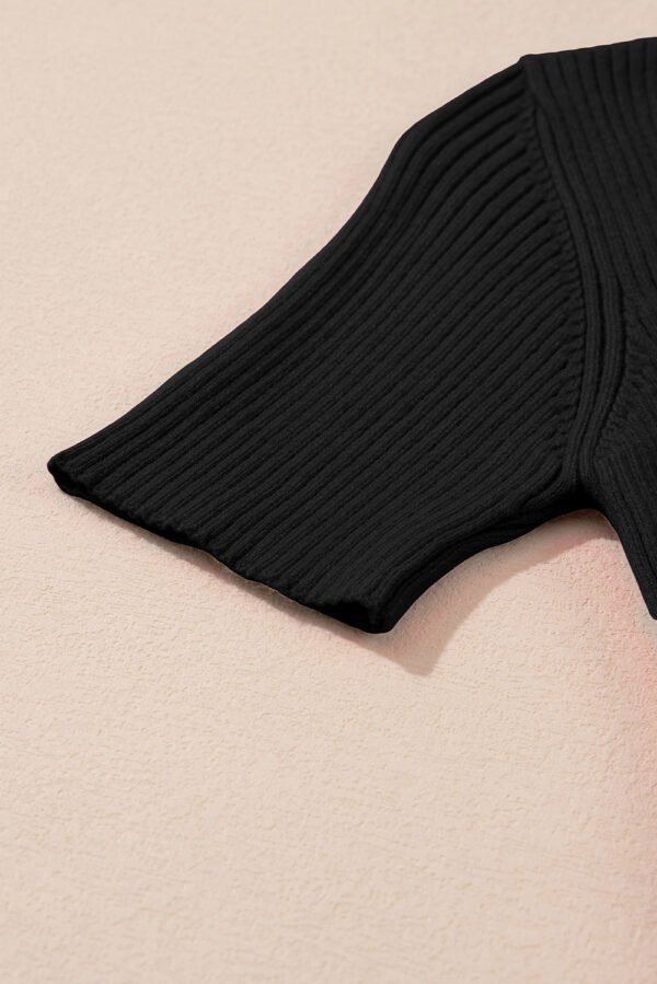 Black V Neck Ribbed Knit Lightweight Short Sleeve Sweater