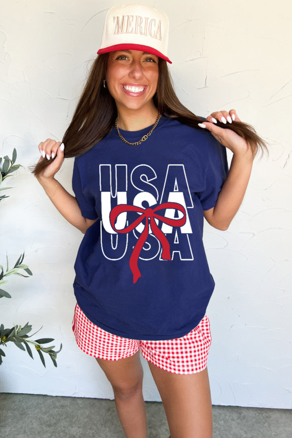Blue USA Bow Printed Casual Cotton Blend T Shirt