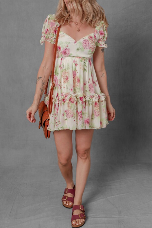 White Vibrant Floral Bubble Sleeve Sweetheart Neck Ruffle Mini Dress