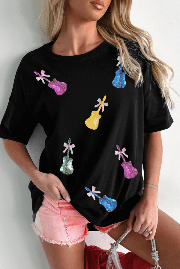 Black Sequined Bow Guitar Country Music Festival Casual Tee