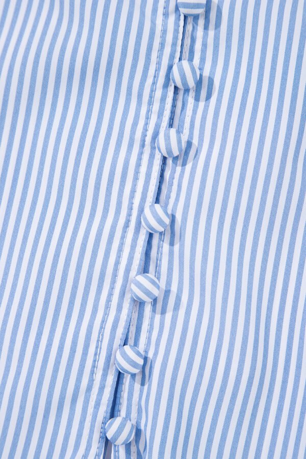 Sky Blue Stripe Ruffled Collar Puff Sleeve Half Buttons Blouse